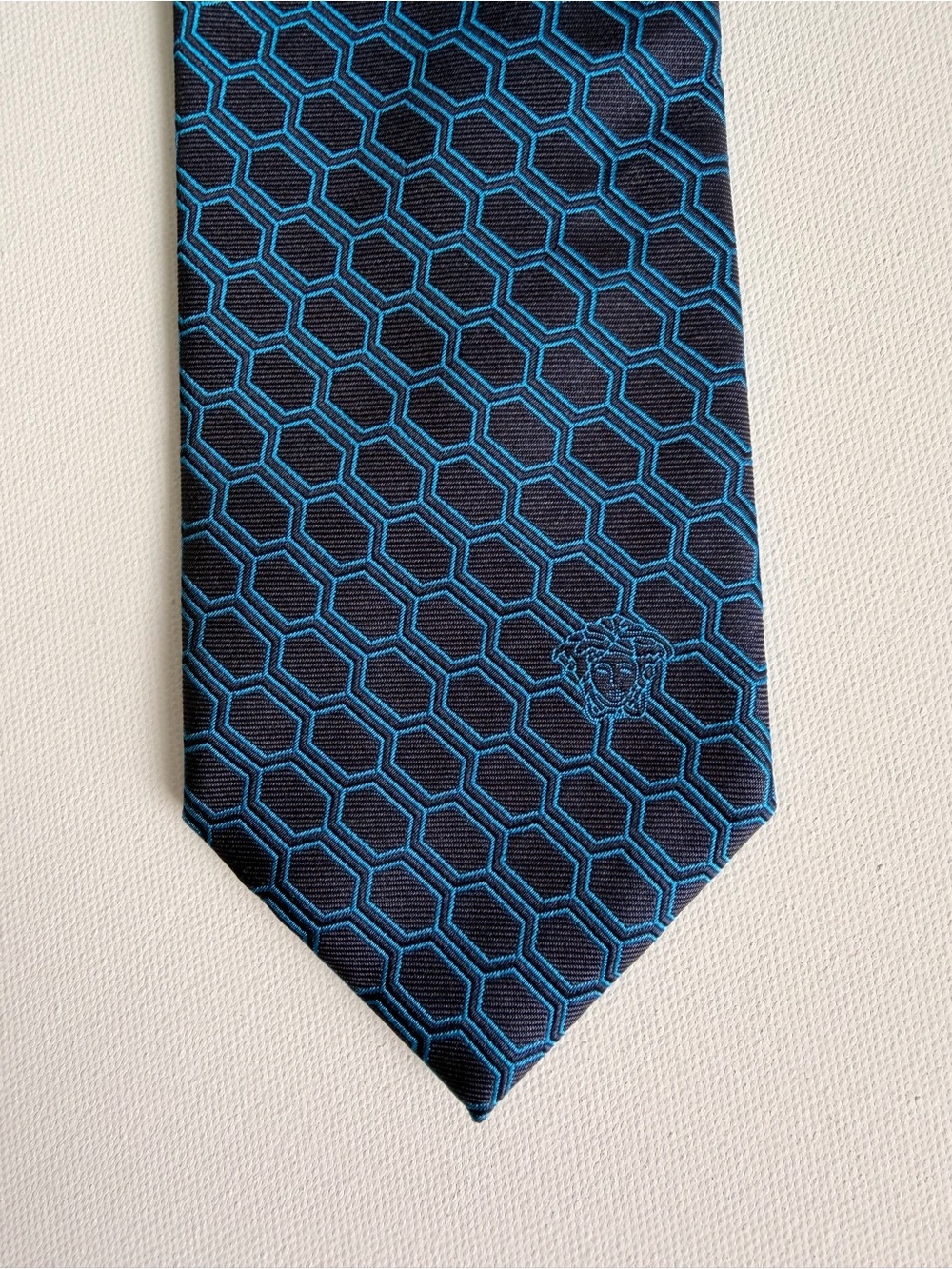 Vintage Versace Silk Tie Medusa Head Logo Black Electric Teal Blue Geometric 3.5